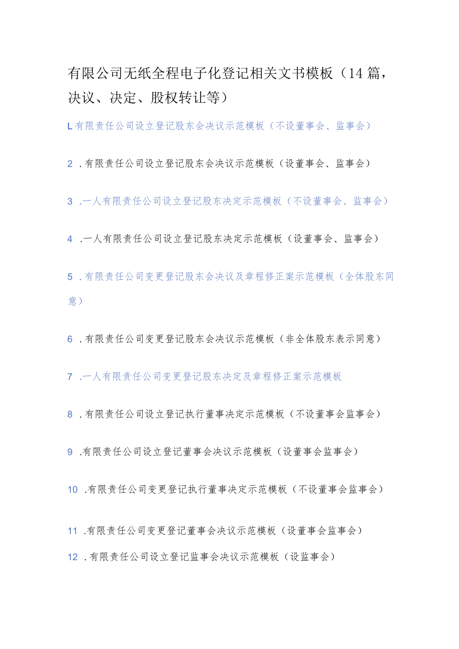有限公司无纸全程电子化登记相关文书模板（14篇决议、决定、股权转让等）.docx_第1页