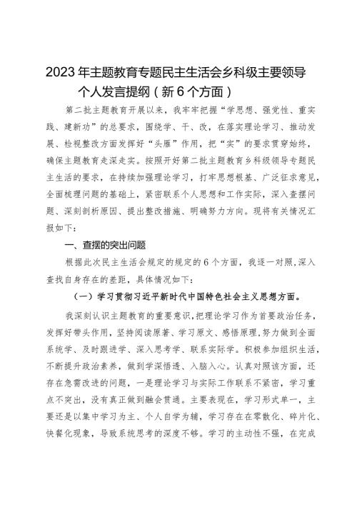 2023年主题教育专题民主生活会乡科级主要领导个人发言提纲（新6个方面）.docx