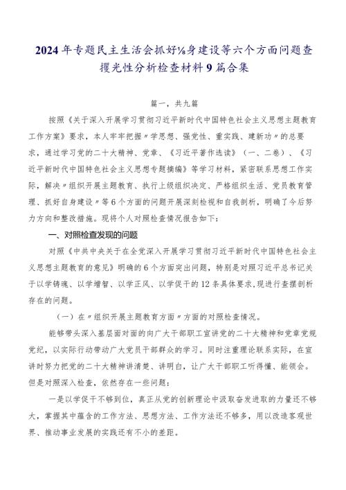 2024年专题民主生活会抓好自身建设等六个方面问题查摆党性分析检查材料9篇合集.docx
