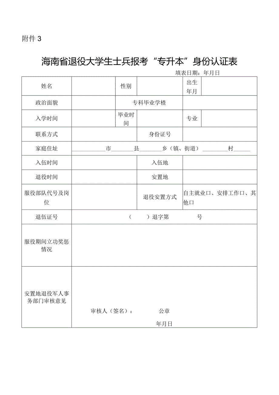 海南省退役大学生士兵报考“专升本”身份认证表.docx_第1页