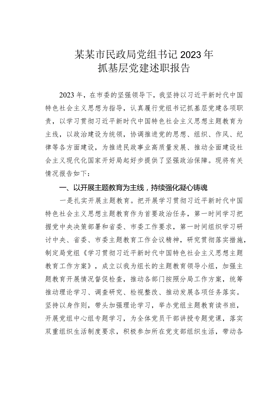 某某市民政局党组书记2023年抓基层党建述职报告(1).docx_第1页