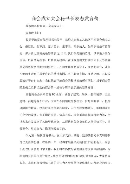 商会成立大会秘书长表态发言稿.docx
