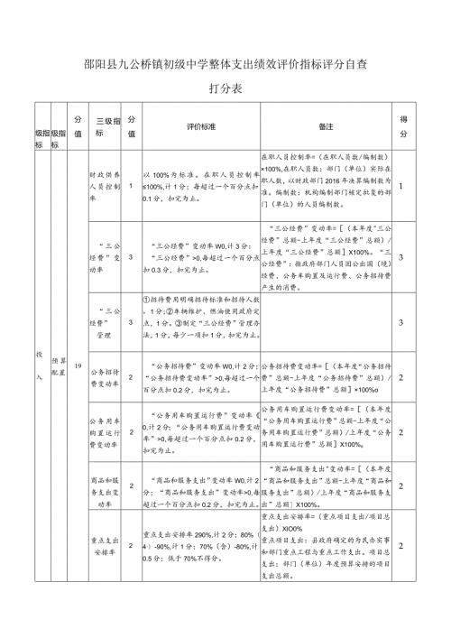 邵阳县九公桥镇初级中学整体支出绩效评价指标评分自查打分表.docx