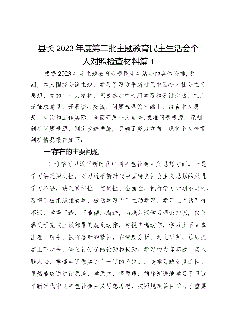 县长2023第二批主题教育民主生活会个人对照检查材料2篇.docx_第1页