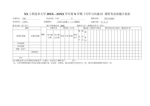 XX工程技术大学20XX－20XX第X学期《写作与沟通1》课程考试命题计划表（2024年）.docx