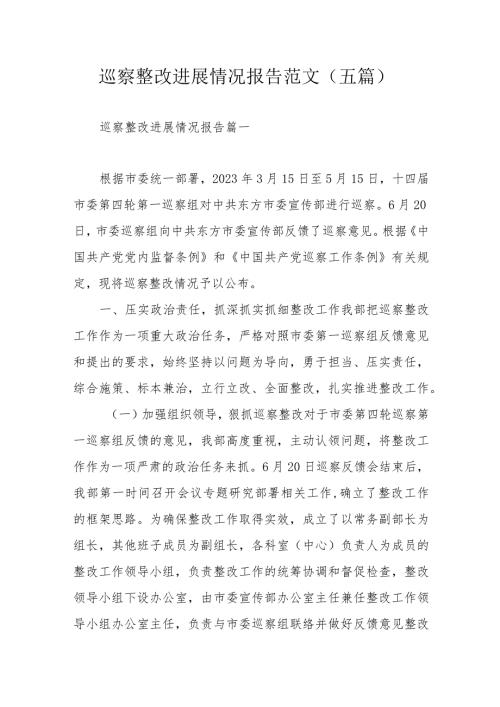 巡察整改进展情况报告范文（五篇）.docx
