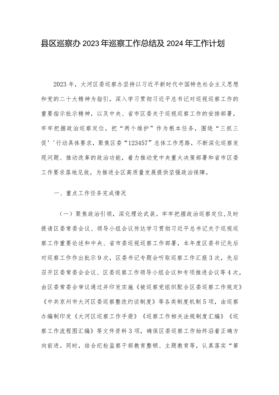 县区巡察办2023年巡察工作总结及2024年工作计划.docx_第1页