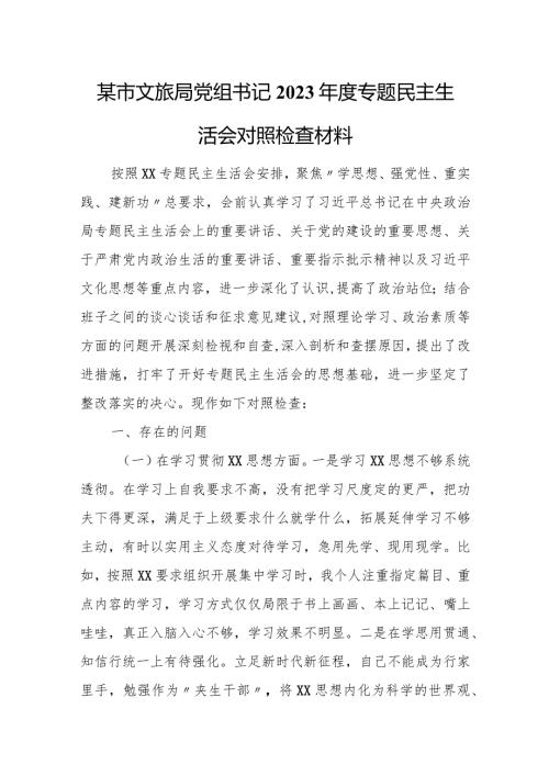 某市文旅局党组书记2023专题民主生活会对照检查材料.docx