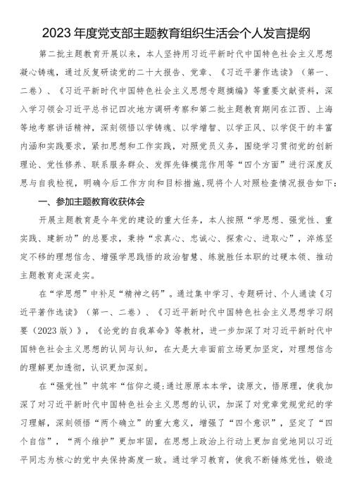2023党支部主题教育组织生活会个人发言提纲.docx