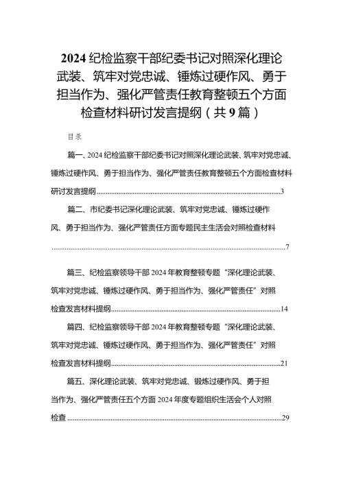 （9篇）纪检监察干部纪委书记对照深化理论武装、筑牢对党忠诚、锤炼过硬作风、勇于担当作为、强化严管责任教育整顿五个方面检查材料研讨发言提纲最新.docx