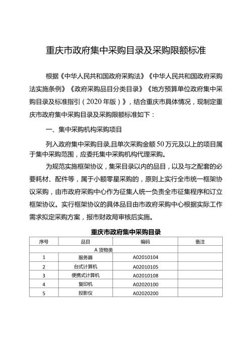 重庆市政府集中采购目录及采购限额标准.docx