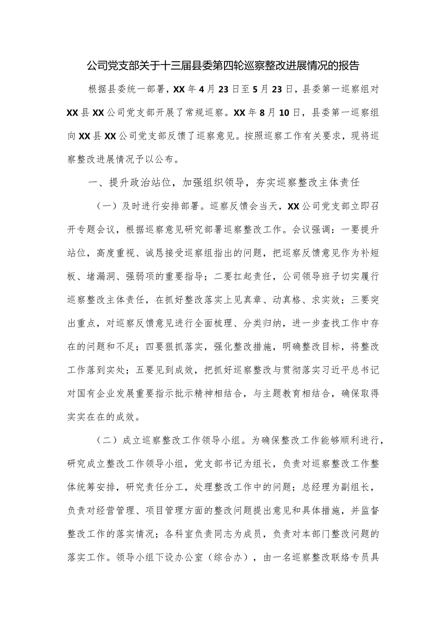公司党支部关于十三县委第四轮巡察整改进展情况的报告.docx_第1页
