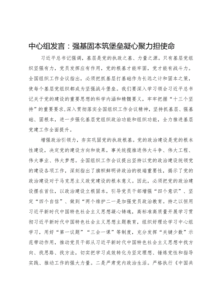 中心组发言：强基固本筑堡垒凝心聚力担使命(2).docx_第1页