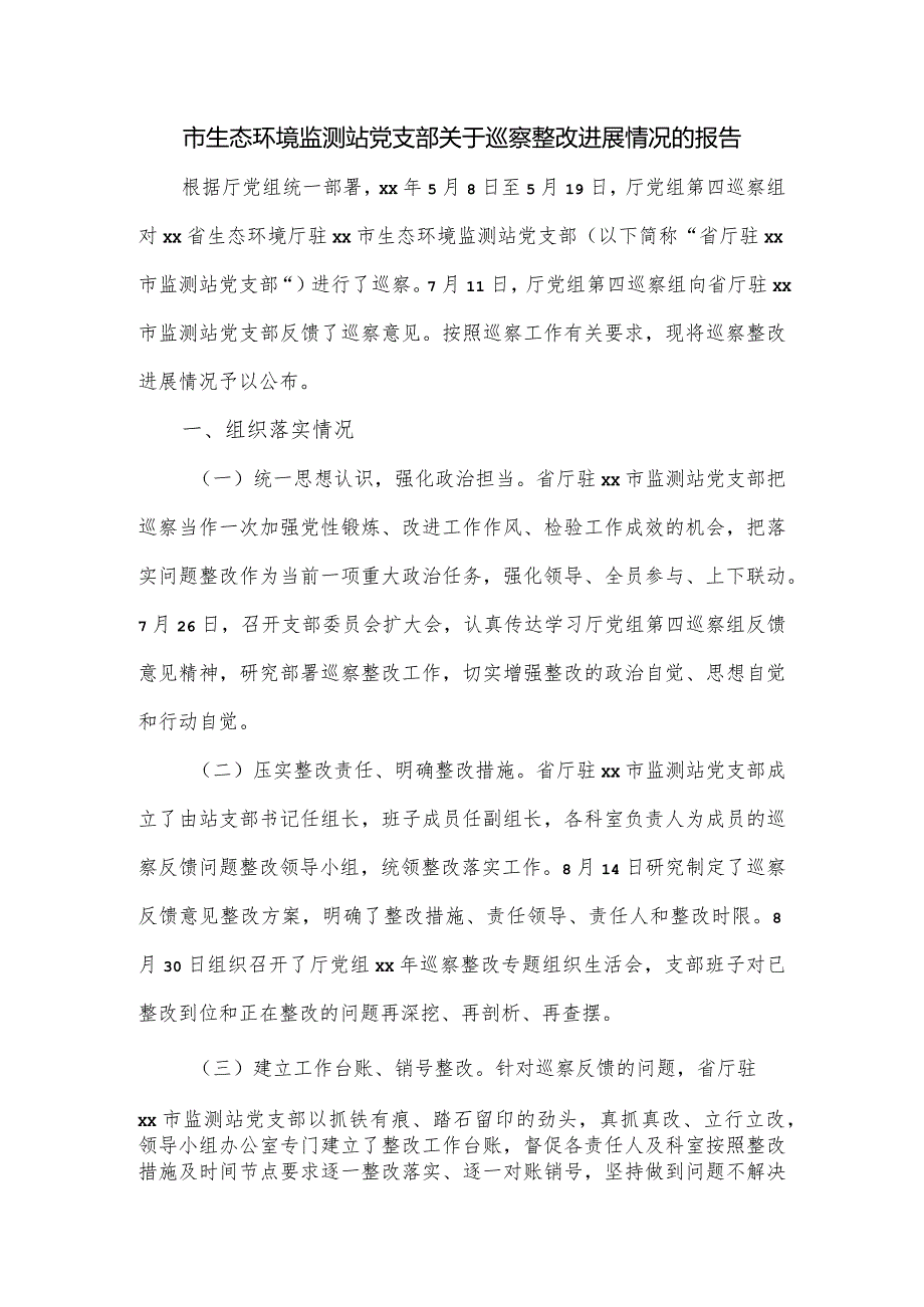 市生态环境监测站党支部关于巡察整改进展情况的报告.docx_第1页
