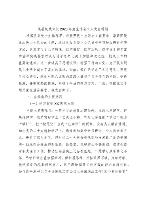 县委统战部长20232024专题生活会六个方面个人对照检查发言提纲（践行宗旨等6个方面）.docx