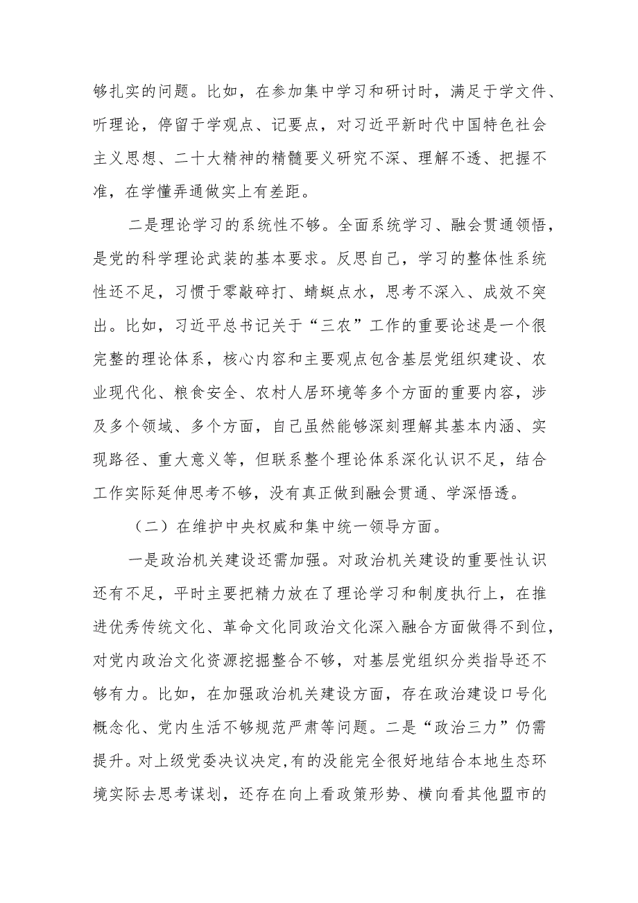 7篇2024(维护党中央权威和集中统一领导、践行宗旨服务人民、求真务实狠抓落实、以身作则廉洁自律)专题民主生活会对照检查发言材料.docx_第2页