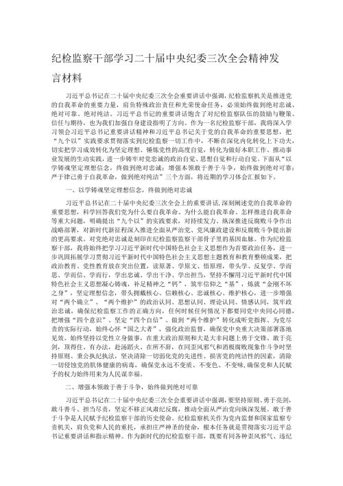 纪检监察干部学习二十中央纪委三次全会精神发言材料.docx