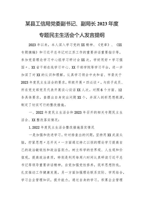 某县工信局党委副书记、副局长2023专题民主生活会个人发言提纲.docx