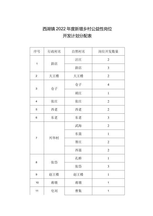 西湖镇2022新增乡村公益性岗位开发计划分配表.docx
