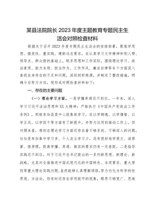 某县法院院长2023主题教育专题民主生活会对照检查材料.docx