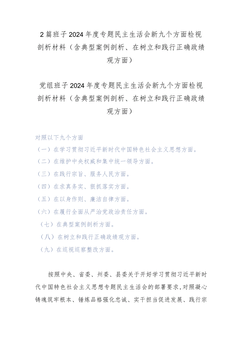 2篇班子2024专题民主生活会新九个方面检视剖析材料(含典型案例剖析、在树立和践行正确政绩观方面).docx_第1页