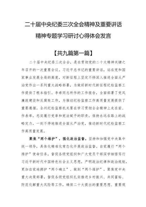 （9篇）二十中央纪委三次全会精神及重要讲话精神专题学习研讨心得体会发言.docx