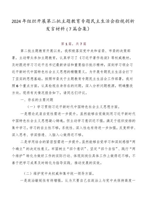 2024年组织开展第二批学习教育专题民主生活会检视剖析发言材料（7篇合集）.docx