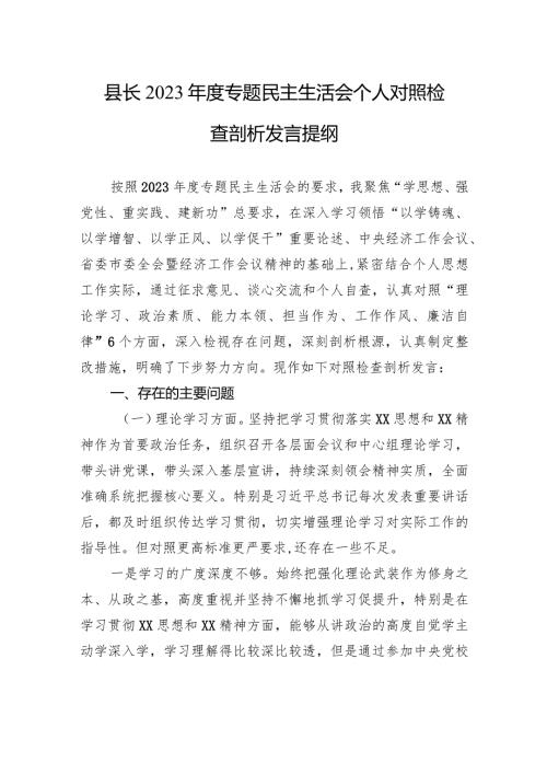 县长2023专题民主生活会个人对照检查剖析发言提纲(1).docx