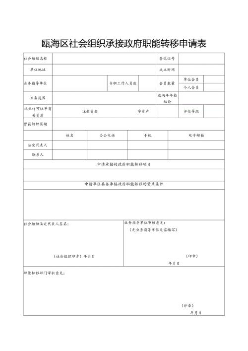 瓯海区社会组织承接政府职能转移申请表.docx