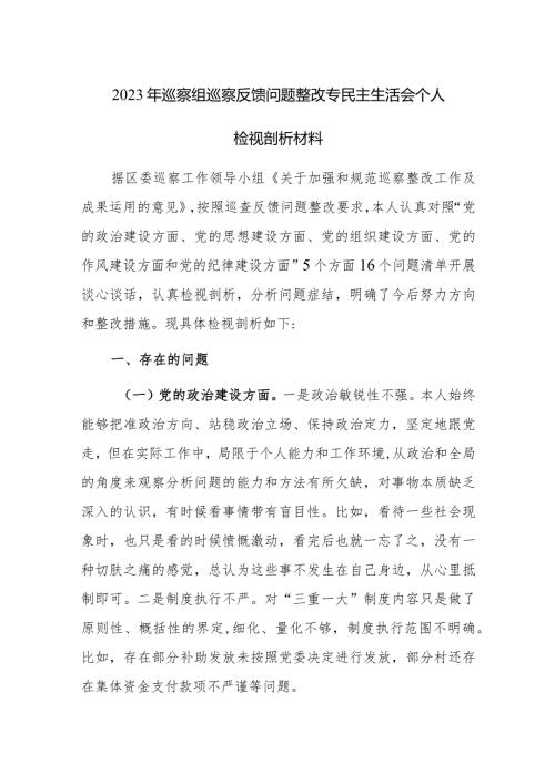 2023年巡察组巡察反馈问题整改专民主生活会个人检视剖析材料范文2篇.docx