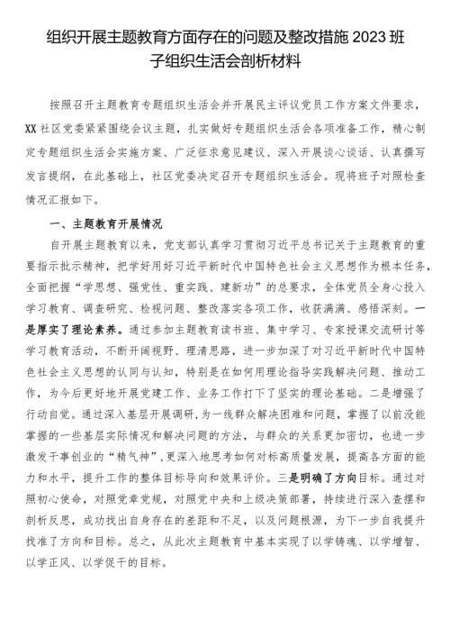 组织开展主题教育方面存在的问题及整改措施2023班子组织生活会剖析材料.docx