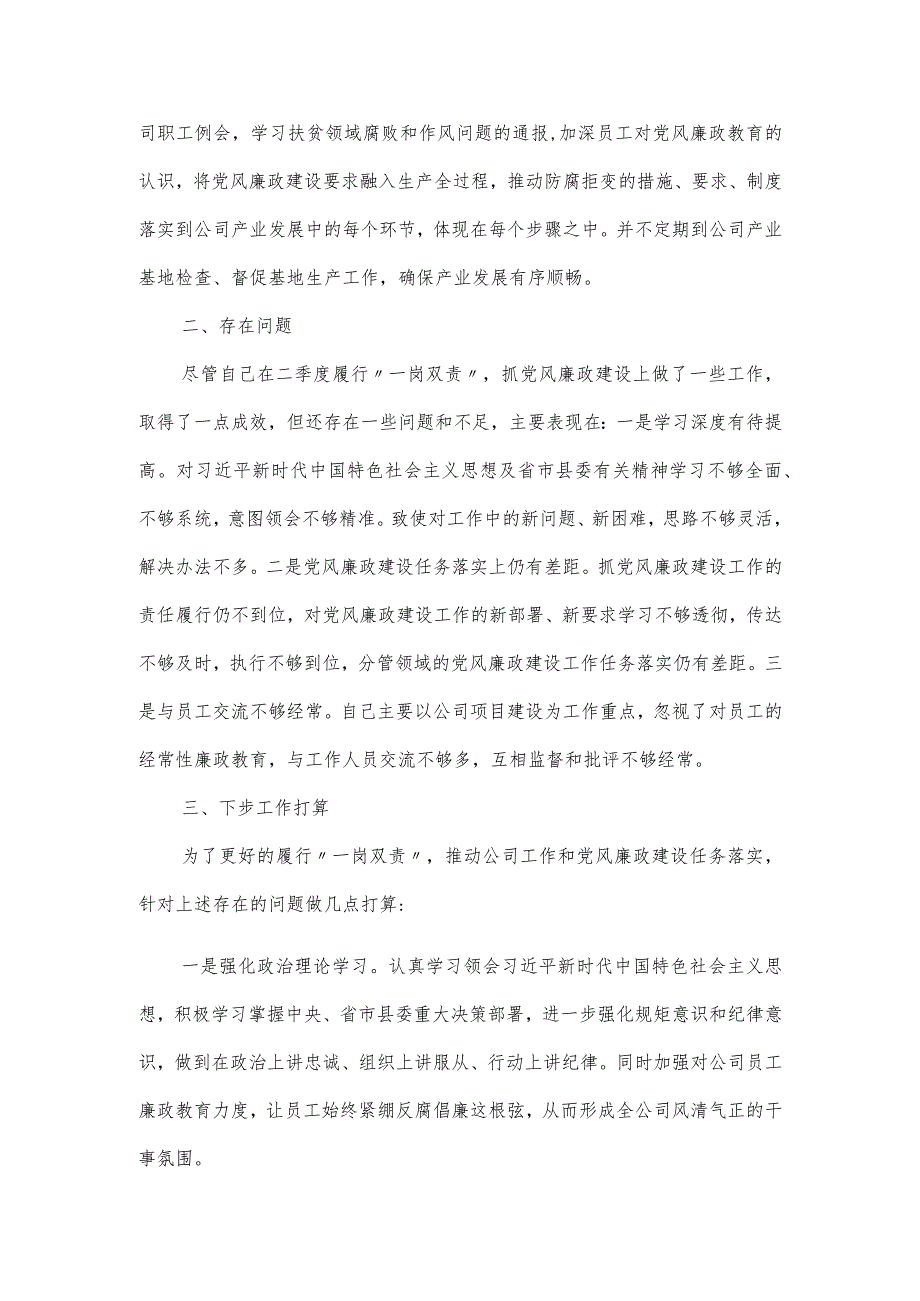 公司班子成员“一岗双责”工作情况汇报三篇.docx_第2页