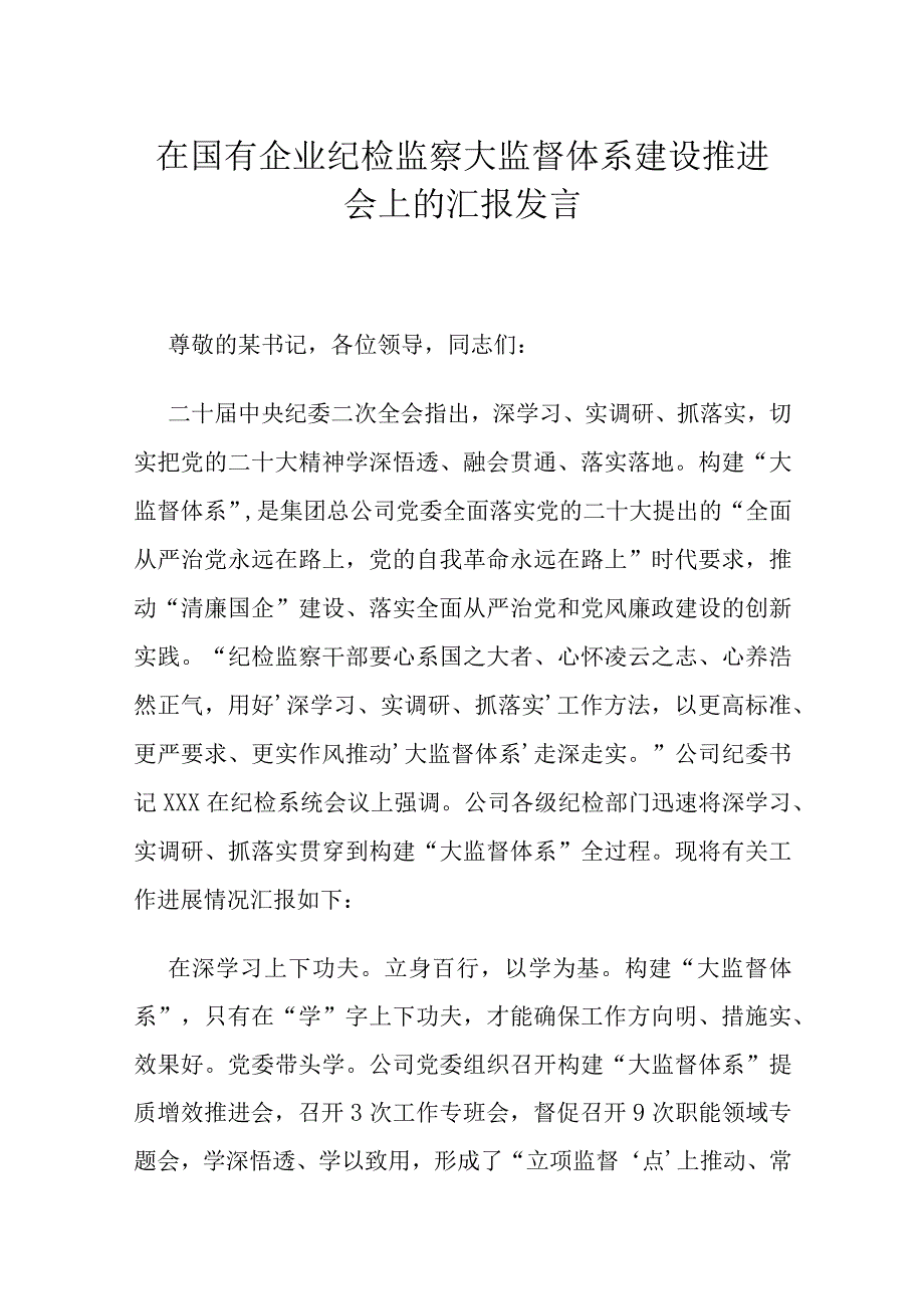 在国有企业纪检监察大监督体系建设推进会上的汇报发言(1).docx_第1页