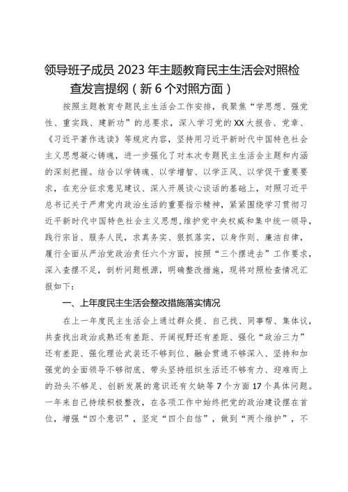领导班子成员2023年主题教育民主生活会对照检查发言提纲（新6个对照方面）.docx