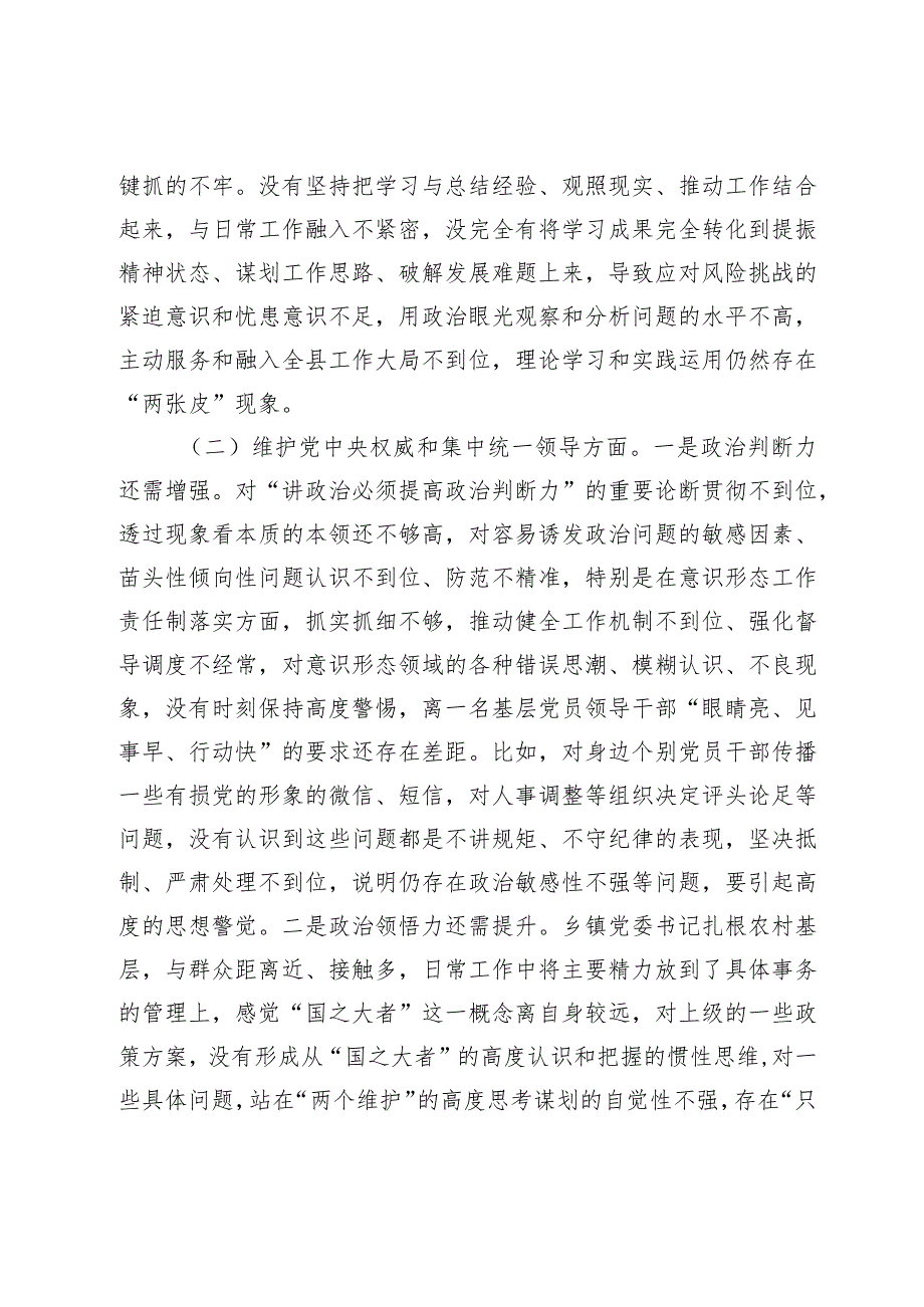 2篇乡镇党委书记20232024主题教育专题生活会六个方面个人对照检查材料（践行宗旨等6个方面）.docx_第2页