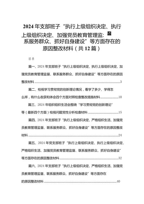 2024年支部班子“执行上级组织决定、执行上级组织决定、加强党员教育管理监督、联系服务群众、抓好自身建设”等方面存在的原因整改材料12篇（精编版）.docx