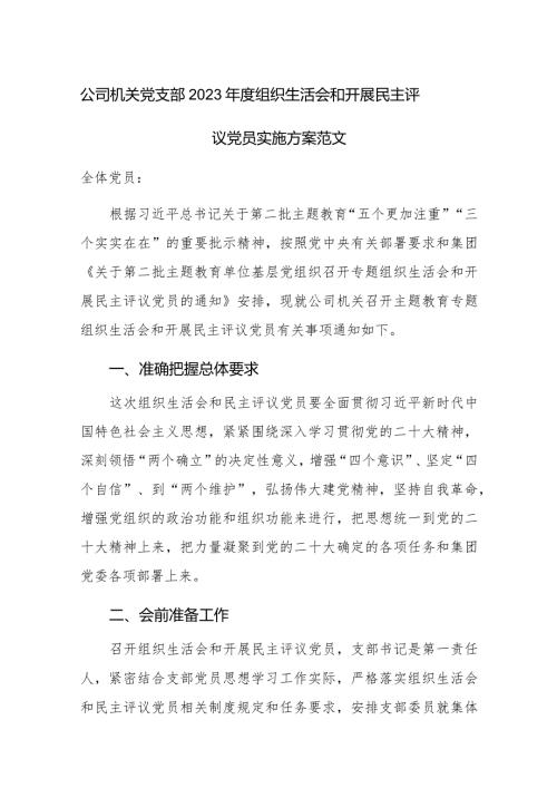 公司机关党支部2023组织生活会和开展民主评议党员实施方案范文.docx