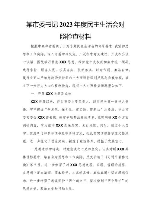 某市委书记2023民主生活会对照检查材料.docx