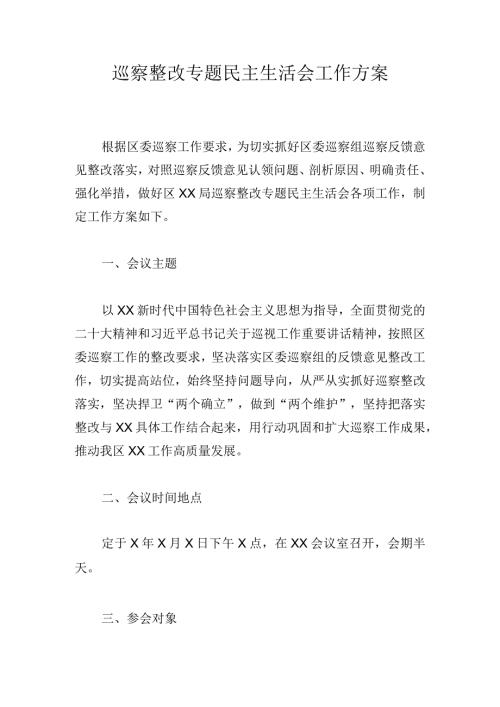 巡察整改专题民主生活会工作方案.docx