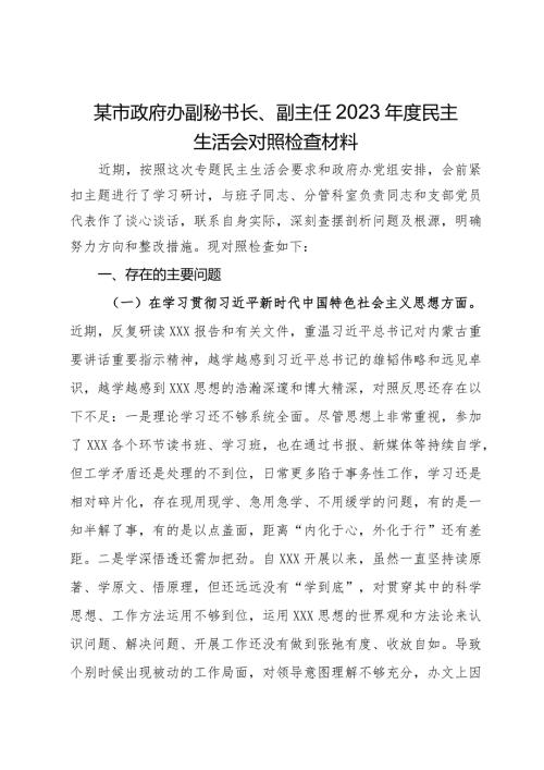 某市政府办副秘书长、副主任2023民主生活会对照检查材料(1).docx