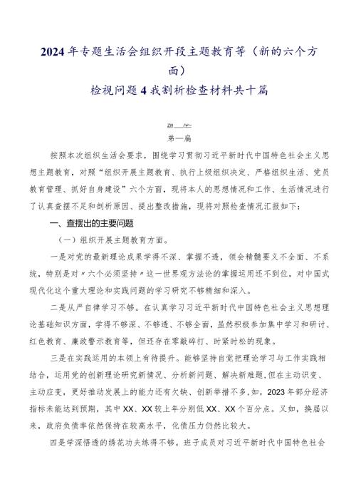 2024年专题生活会组织开展主题教育等(新的六个方面)检视问题自我剖析检查材料共十篇.docx
