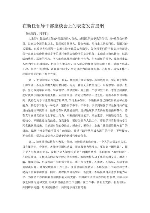 在新任领导干部座谈会上的表态发言提纲.docx