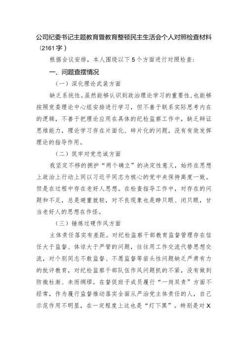 国企纪委书记主题教育暨教育整顿民主生活会个人对照检查材料.docx