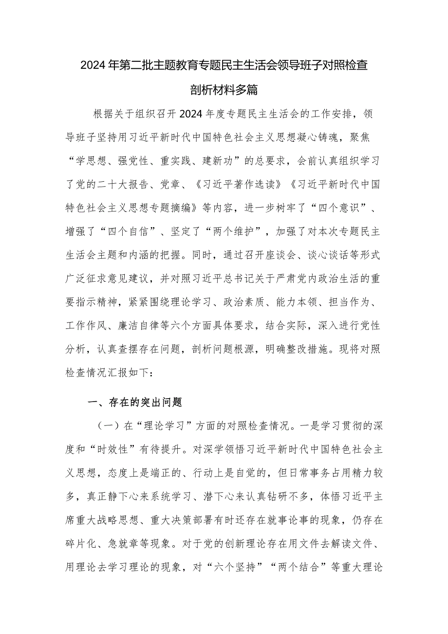 2024年第二批主题教育专题民主生活会领导班子对照检查剖析材料多篇.docx_第1页
