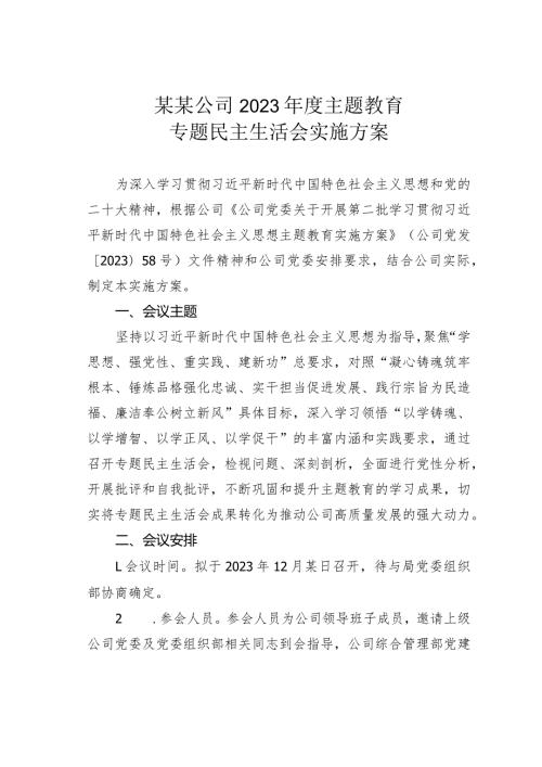 某某公司2023主题教育专题民主生活会实施方案(1).docx