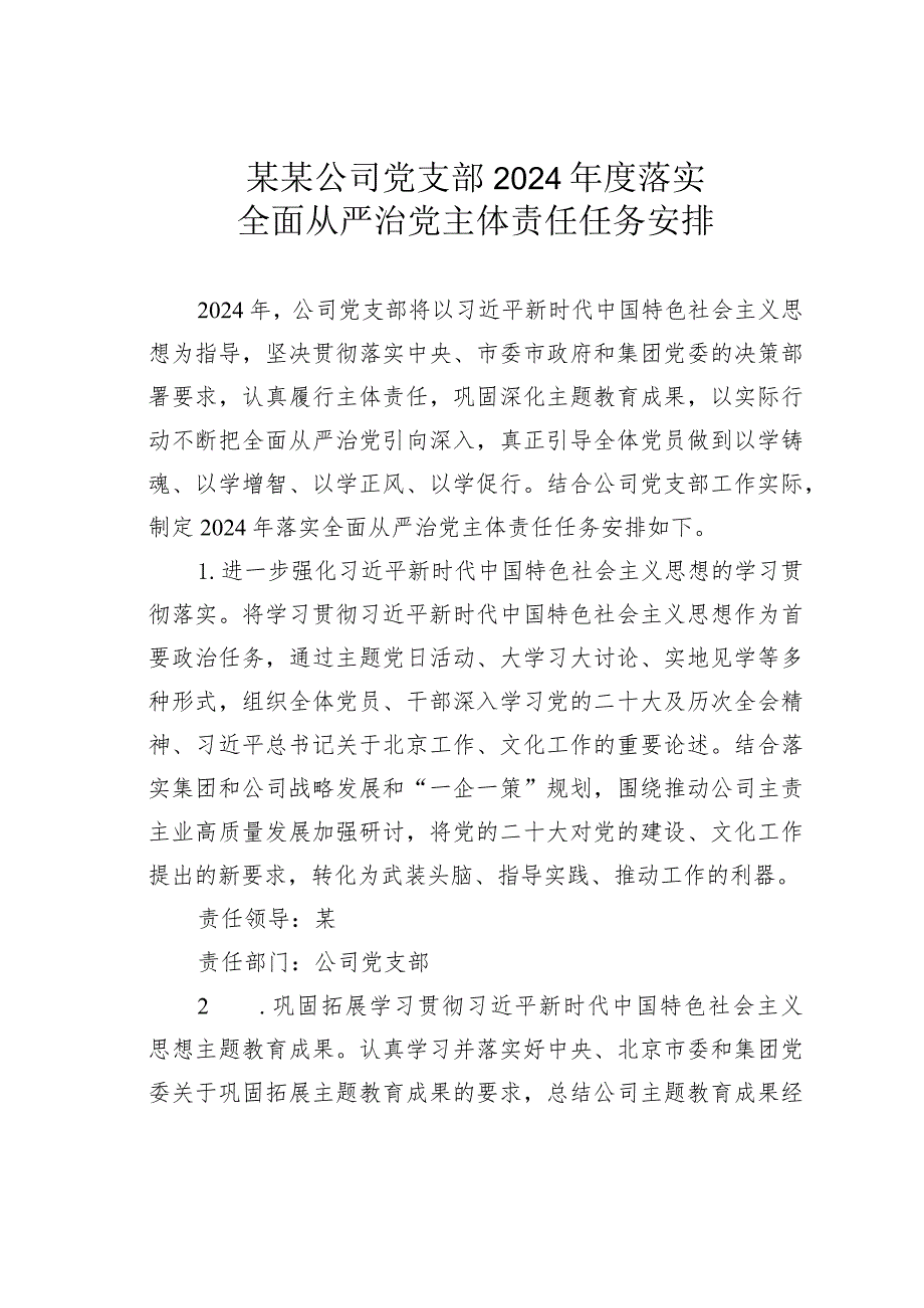 某某公司党支部2024落实全面从严治党主体责任任务安排(1).docx_第1页