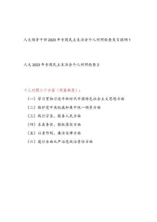 人大领导干部维护党中央权威和集中统一领导、践行宗旨服务人民、树立和践行正确政绩观等六个方面民主生活会个人发言提纲2篇.docx