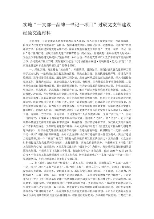 实施“一支部一品牌一书记一项目”过硬党支部建设经验交流材料.docx