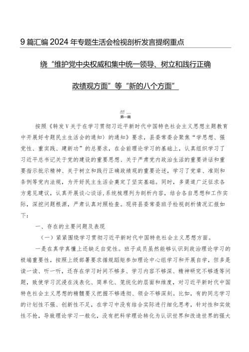 9篇汇编2024年专题生活会检视剖析发言提纲重点围绕“维护党中央权威和集中统一领导、树立和践行正确政绩观方面”等“新的八个方面”.docx
