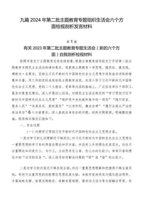 九篇2024年第二批集中教育专题组织生活会六个方面检视剖析发言材料.docx